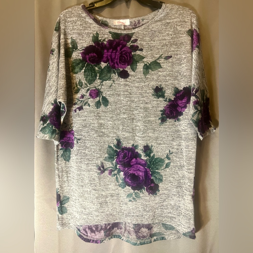Vivace Women’s Floral Top Scoop Neck, Short Sleeves, Grey/Purple/Green Sz:S